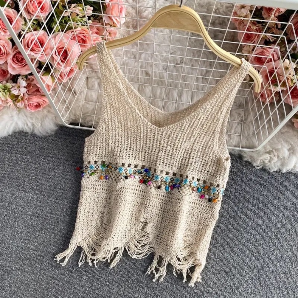 Crochet tank top cream beige women’s beach beaded distressed top crop NWT